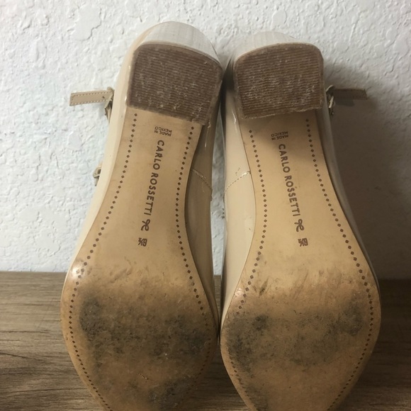 Carlos Rossetti Womens Size 6.5 Patent Block Heels -Bone Color Pink Strap Heels - Picture 10 of 11